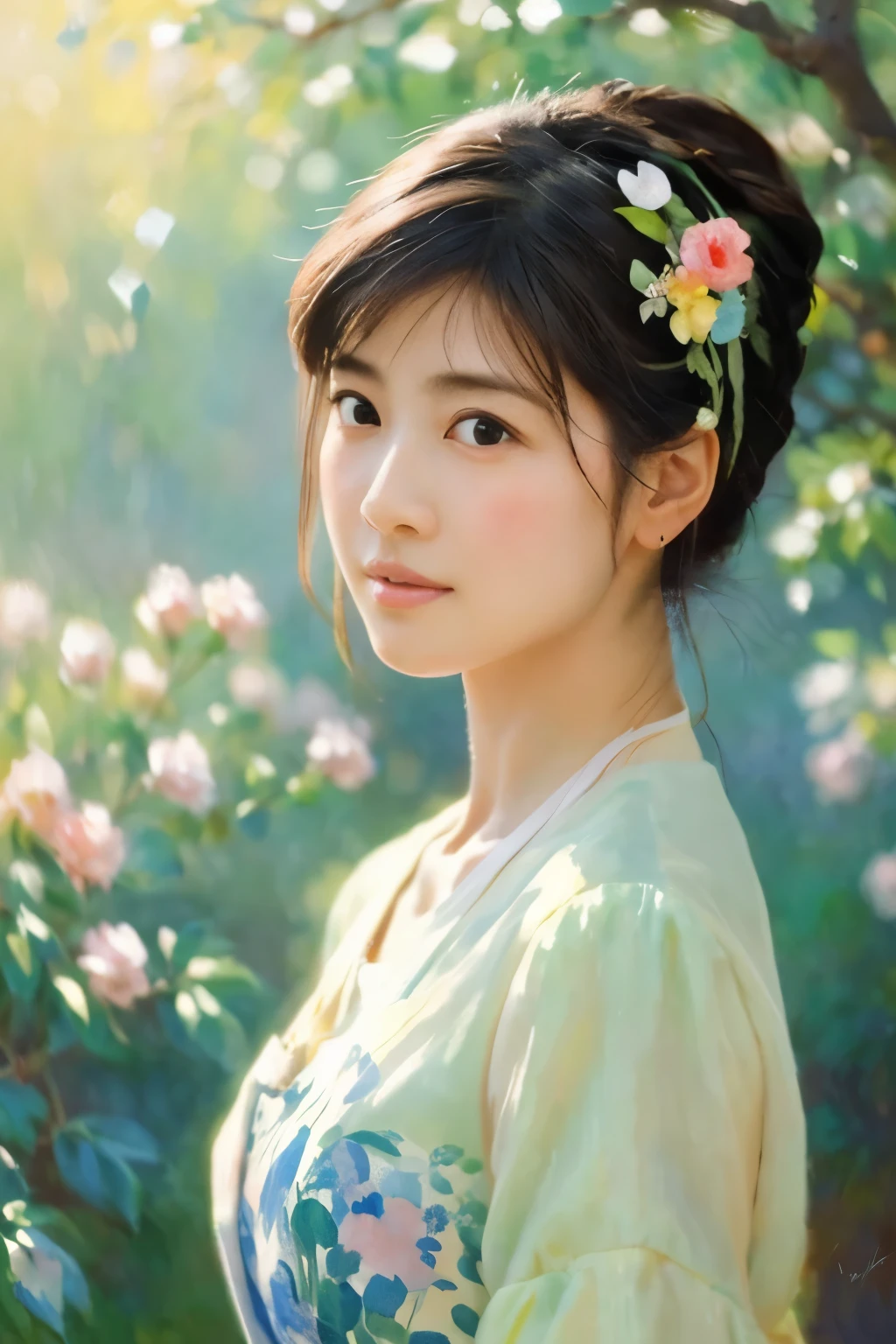 Create a detailed, impressionistic portrait of a Japanese woman, inspired by the painting style of Claude Monet. The woman's features should be delicate and elegant, capturing the serene and gentle expression often seen in traditional Japanese art. Her hair should be styled simply, possibly adorned with traditional accessories like a hairpin. The background should evoke a soft, dreamlike quality with light and color blending harmoniously, similar to Monet's use of dappled light and vibrant tones. The overall composition should have a painterly touch, with visible brushstrokes and a sense of movement in the colors, creating a scene that feels both vivid and ethereal.