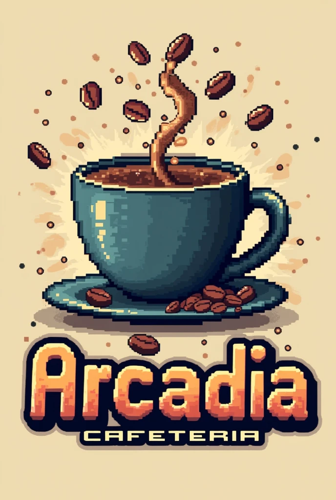 I&#39;m creating the logo for a gaming-themed experience cafe, What I need is a logo for this design a coffee cup that is made of pixels, giving a retro look, It also adds pixelated graphics of coffee beans or small video game icons inside the cup., The logo should be serious but fun, now put the name of the establishment, This is called Arcadia Cafeteria 