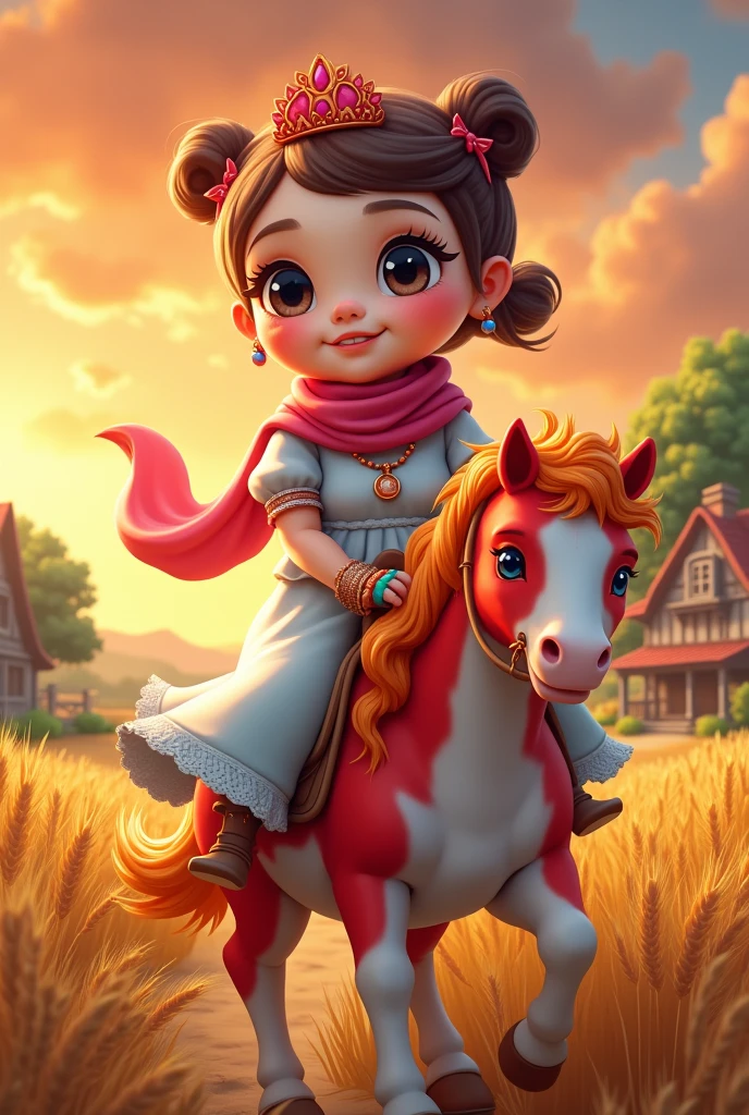 Full body woman with round, chubby face, olhos amendoados, skin fair, reasonably large forehead, wearing a flowing white dress and a pink scarf with a red crown on her head (ring-shaped), colorful boot, blue ring on left hand, brown bracelet on right arm, orange bracelet on left arm, green ring on right hand riding on a red and white colored mare, cozy house behind on a farm with wheat plantation with orange sunset.