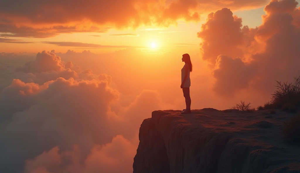 A 19 old cute and sexcy girl is standing on height cliff, sku is cloudy Raina, but sun is rising a small hole from the sky, vibrance, vivid realistic