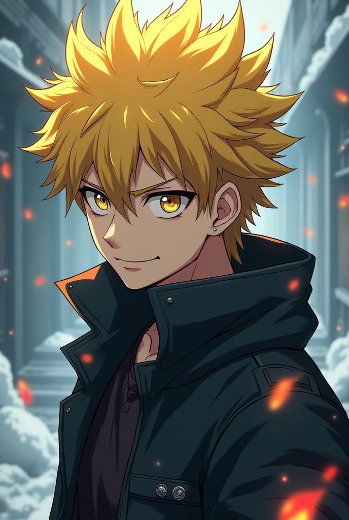 Yellow hair, yellow eyes, handsome, young, anime, strong, , , cold, , dangerous, cold smile, fire, non-radiant 