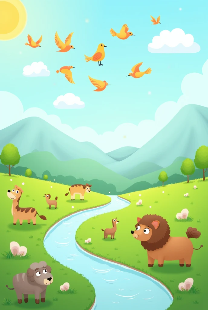 Make a drawing simulating that it was made in photoshop by a novice student, The drawings must contain the following characteristics:: sky, clouds and sun. Minimum 5 birds from different mountains, river and grass. minimum 3 animals of different shapes. that is not hyperrealistic, Simple Algo.
simpler, not so realistic must be too simple and unrealistic and without so many details