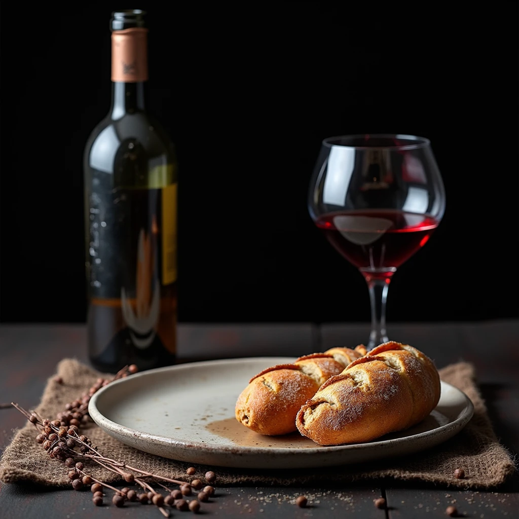 Table with plate and glass of wine angle from above. Black background rustic still life
