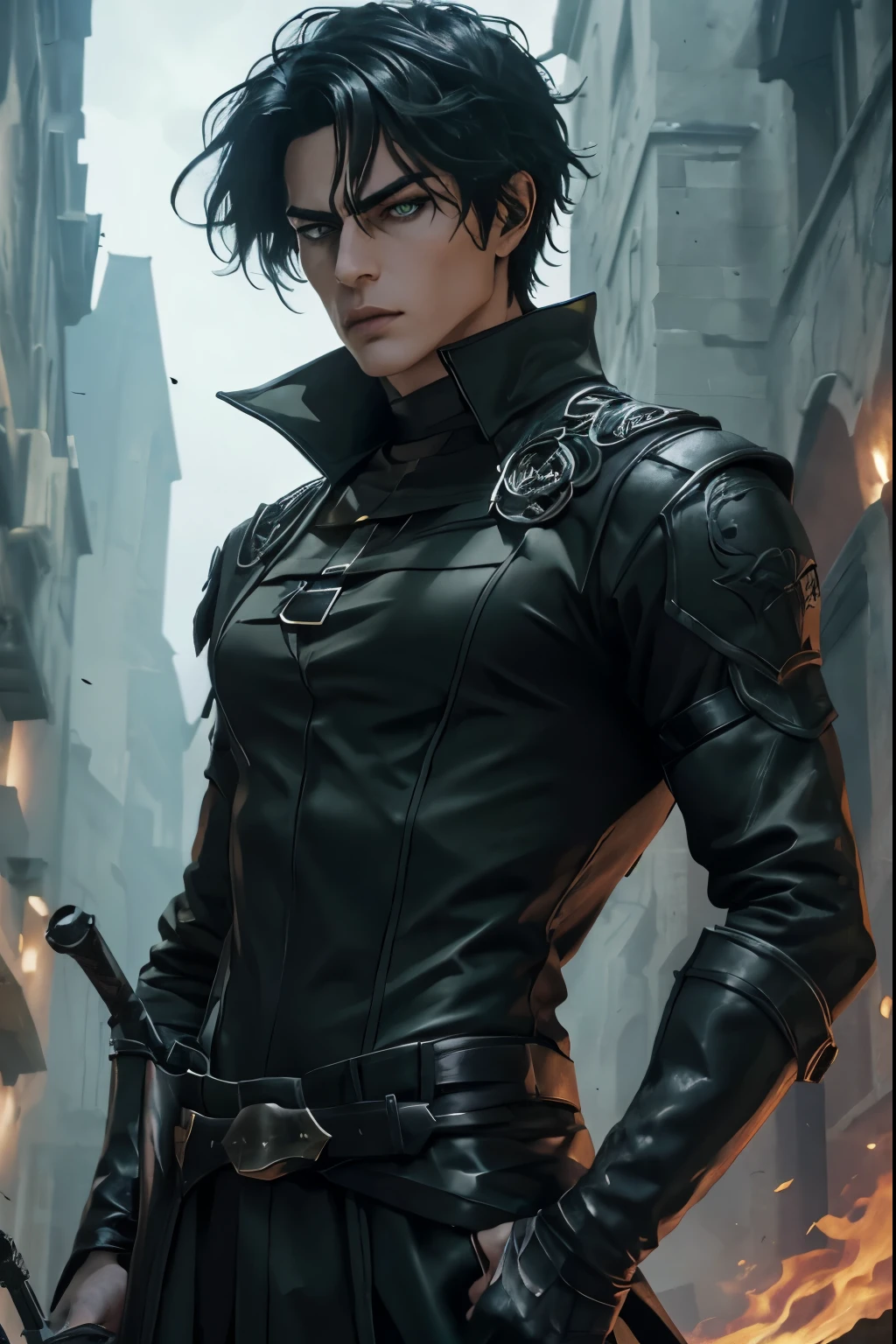 (an androgynous male assassin:1.1),wild black hair,green eyes,slim,black assassin clothing,in a castle,medium:oil painting,detailed background,moody lighting,vivid colors,dark and mysterious ambiance,ominous atmosphere