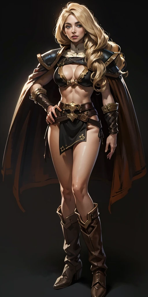 (masterpiece, best quality) (black background) full body standind straight symmetrical, FEMALE warrior princess Mercedez Von Martritz, twin big belt around waist, long curly blonde hair, very white skin, female wearing full body bikini armor with red cape, brown leather boots, adventurer outfit, veteran warrior milf bimbo