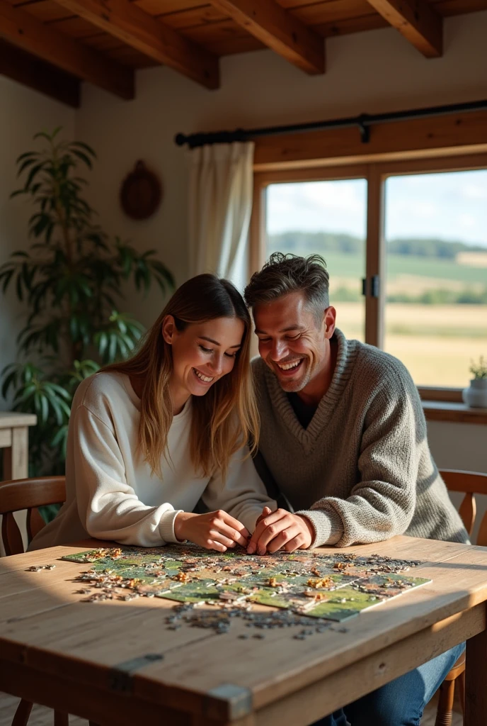 Couple putting together a 1000 piece jigsaw puzzle on a rustic table, in a house on the farm. The couple is euphoric.