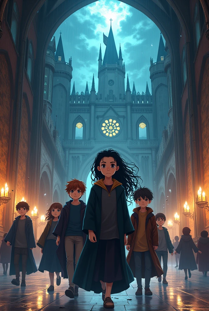 a white skinned girl, black hair long hair, gray eyed, another brown haired boy, and others with short hair, moreno. The three of them entering the Hogwarts dining hall soaked (anime style )