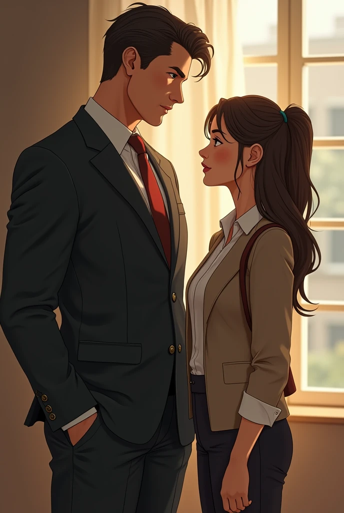 1. **male protagonist:**
- **Appearance:** high, with an imposing presence. I could have a firm stance, an intense look and features like a well-defined jaw and well-groomed hair.
- **style:** elegant and sophisticated, possibly in formal or high profile attire, like a tailor-made suit.
2. **Female Protagonist:**
- **Appearance:** A woman with a pear-shaped body, which implies a figure with wider hips compared to the upper body. I could have a more relaxed and comfortable clothing style, suitable for a preschool teacher.
- **style:** Clothes that are practical for your job, like soft blouses and pants or skirts, with a touch of sweetness in her appearance.