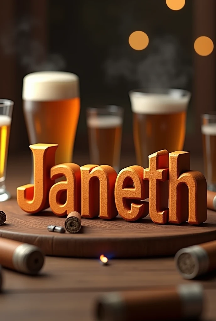 Greece Janeth word in 3d with background of beer glasses and cigars