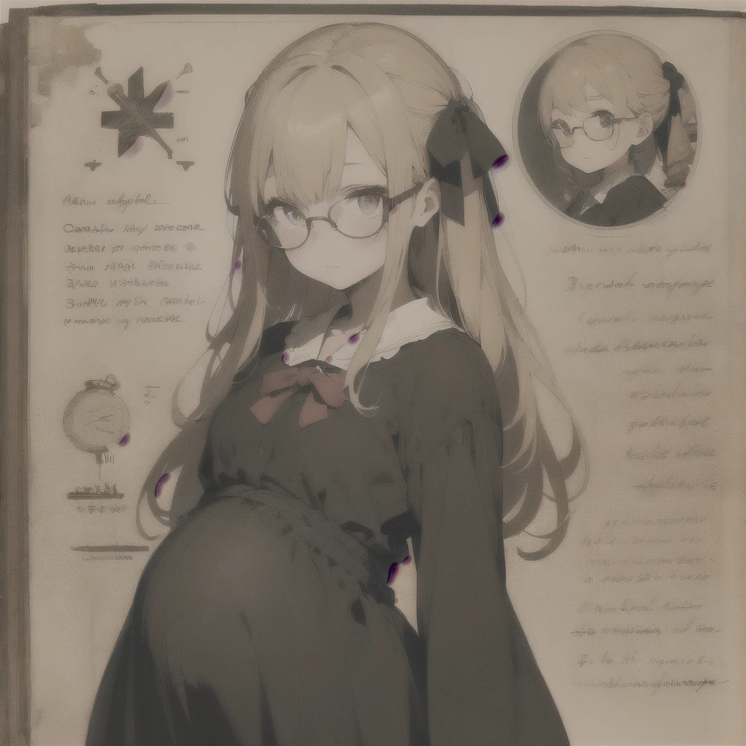 Antique picture books,masterpiece,Highest quality,One girl,(alone),Abeatrice,Symbol-shaped pupil,Blonde,Long Hair,Twin Drill,Side Lock,Hair Ribbon,Frilly maternity dress,Glasses,Scientist,Expressionless,