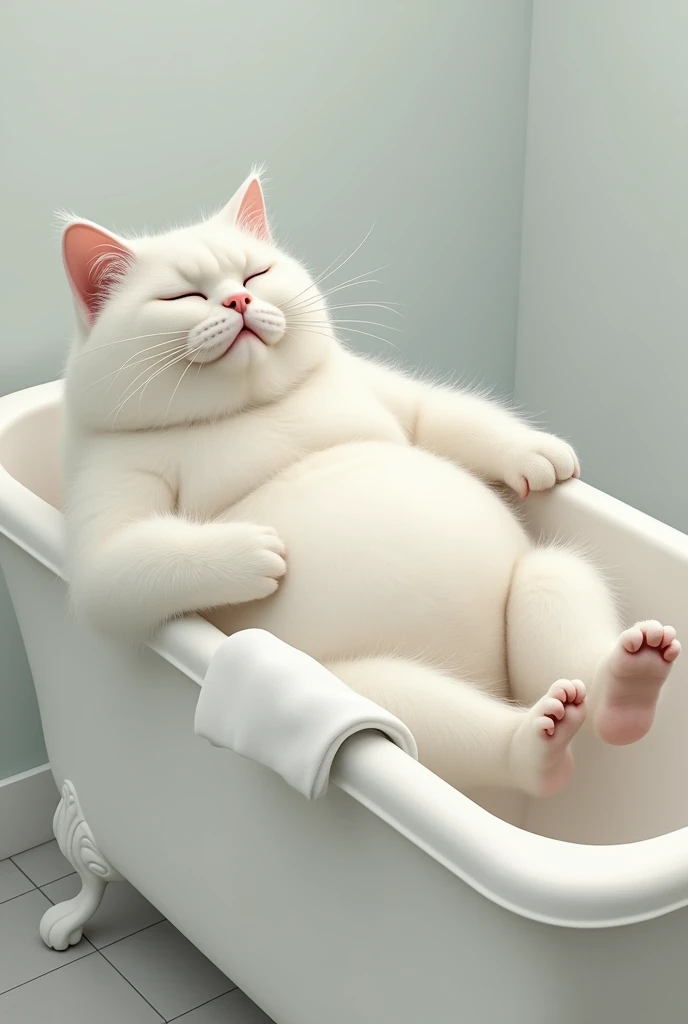 made an adult male white cat, very fat, in a bathtub, Unclothed.