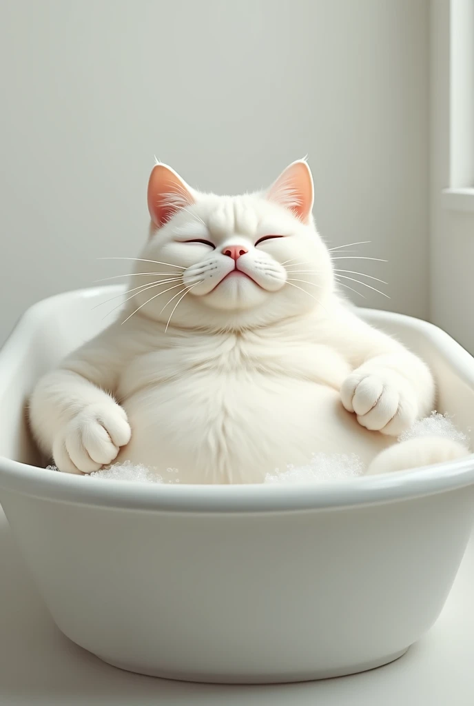 made an adult male white cat, very fat, in a bathtub, Unclothed.