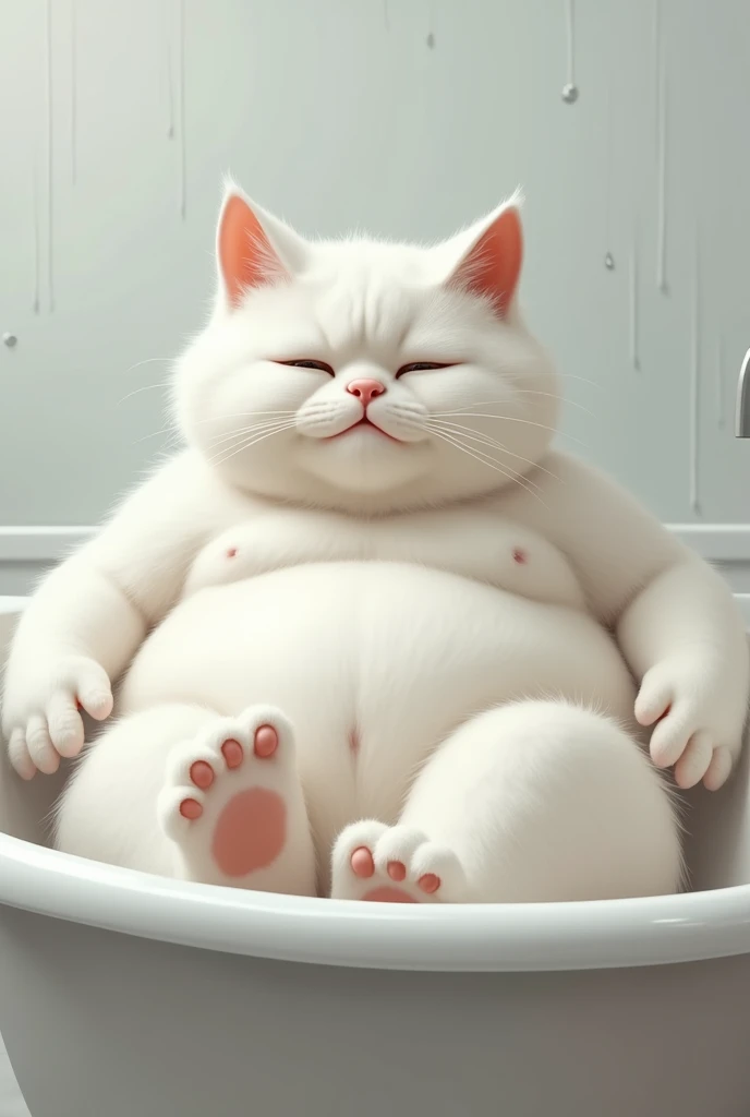  made an adult male white cat, very fat, in a bathtub, Unclothed.