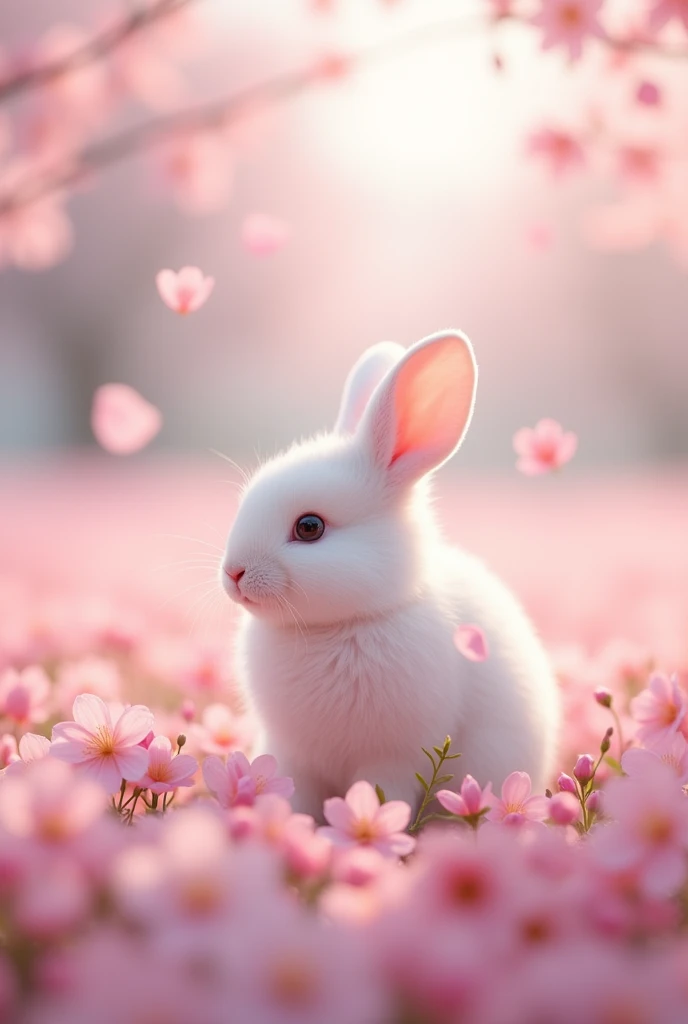 Ultra-realism、masterpiece、Highest quality、Film Grain、Nice views、The rabbit is small、Little White Rabbit、The rabbit turns around to look at the person looking at it、Cherry blossom petals、Pale pink scenery、Flower field scenery、SakuraFubuki、