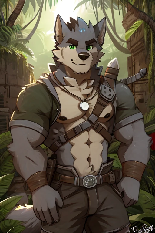 (great quality), lobo, alone, detailed face, detailed body, 5 fingers, Detailed hands, green eyes, detailed eyes, short hair, 2 arms, Brief, whole body, Posing, backward, Tomb Raider, half focus, flat bottom, ((in tail trap)), in the jungle, por pache riggs