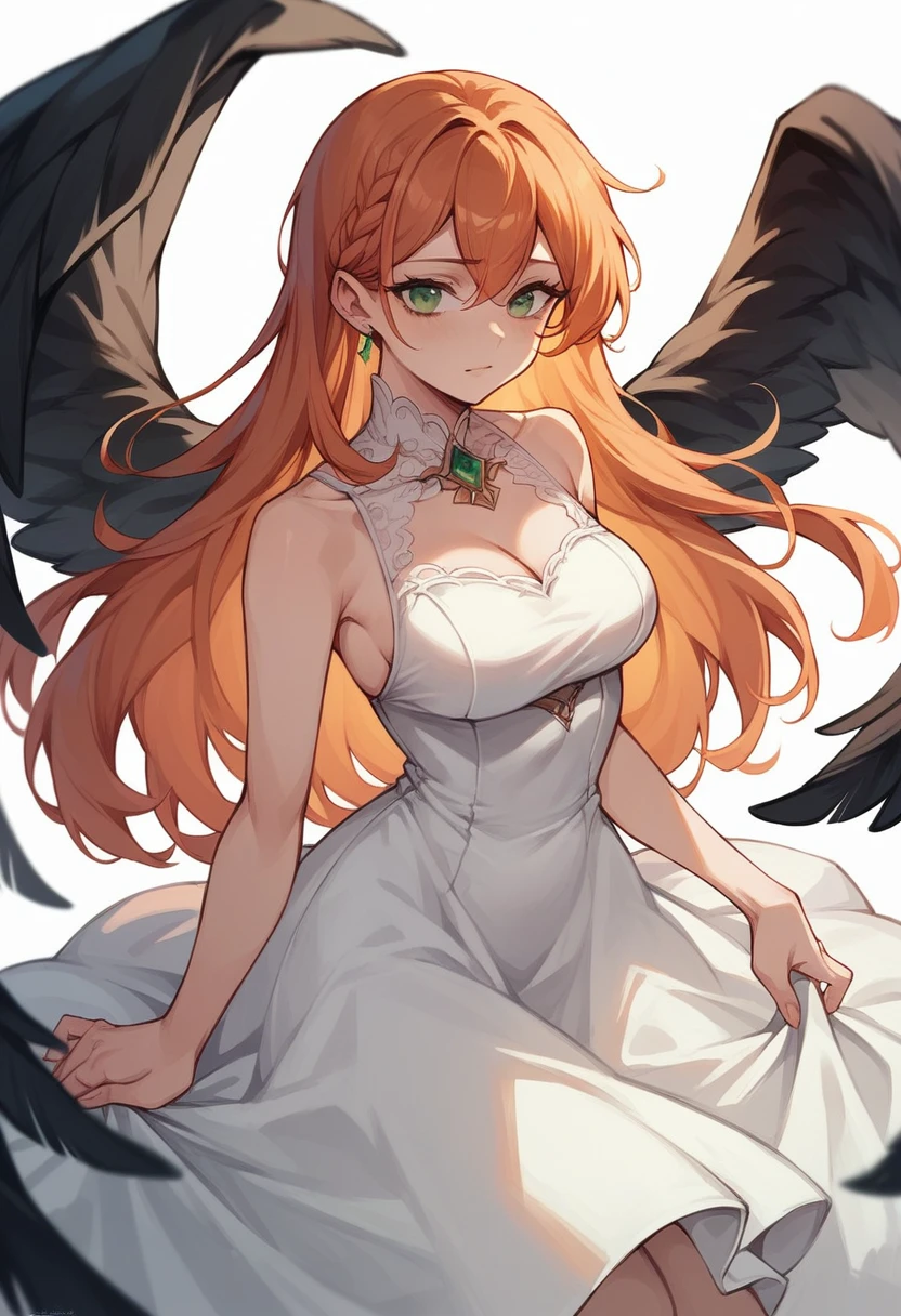 a hot girl with long, wavy, ginger hair ,green eyes and black wings, wearing a white dress