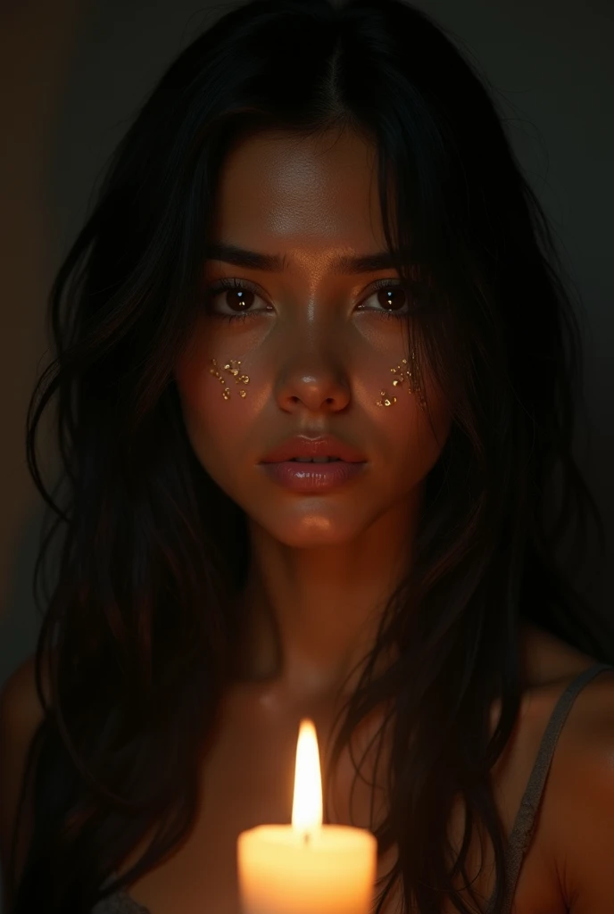 Create an image that looks like a realistic photograph of a Latina woman&#39;s face. She must have long, straight black hair., fair skin and a lonely expression Her eyes must show golden tears that shine. The background must be dark, with soft lighting from a nearby candle that highlights the details of the face and tears." masterpiece, Realistic details, 8k, ultra realistic, Detailed shadows enhance the sense of reality