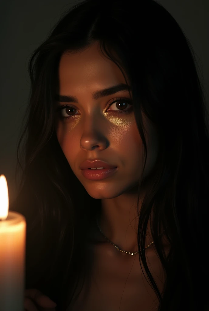 Create an image that looks like a realistic photograph of a Latina woman&#39;s face. She must have long, straight black hair., fair skin and a lonely expression Her eyes must show golden tears that shine. The background must be dark, with soft lighting from a nearby candle that highlights the details of the face and tears." masterpiece, Realistic details, 8k, ultra realistic, Detailed shadows enhance the sense of reality
