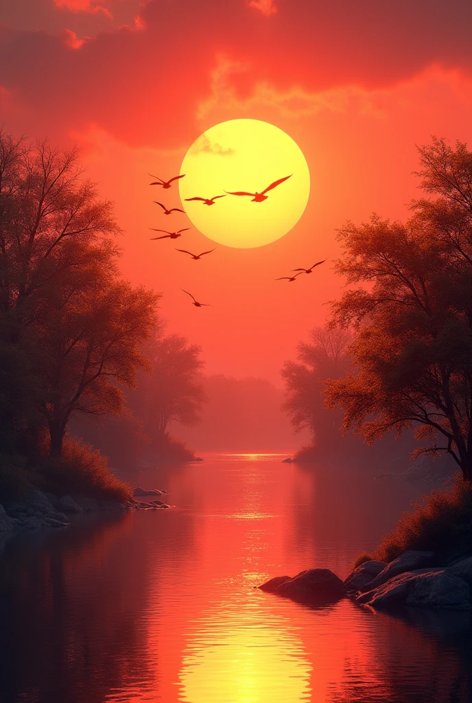 A sun set with red shining light from sun and birds are flying there and a beautiful river like a mirror with green tree shining with the sun set and with reddish sky