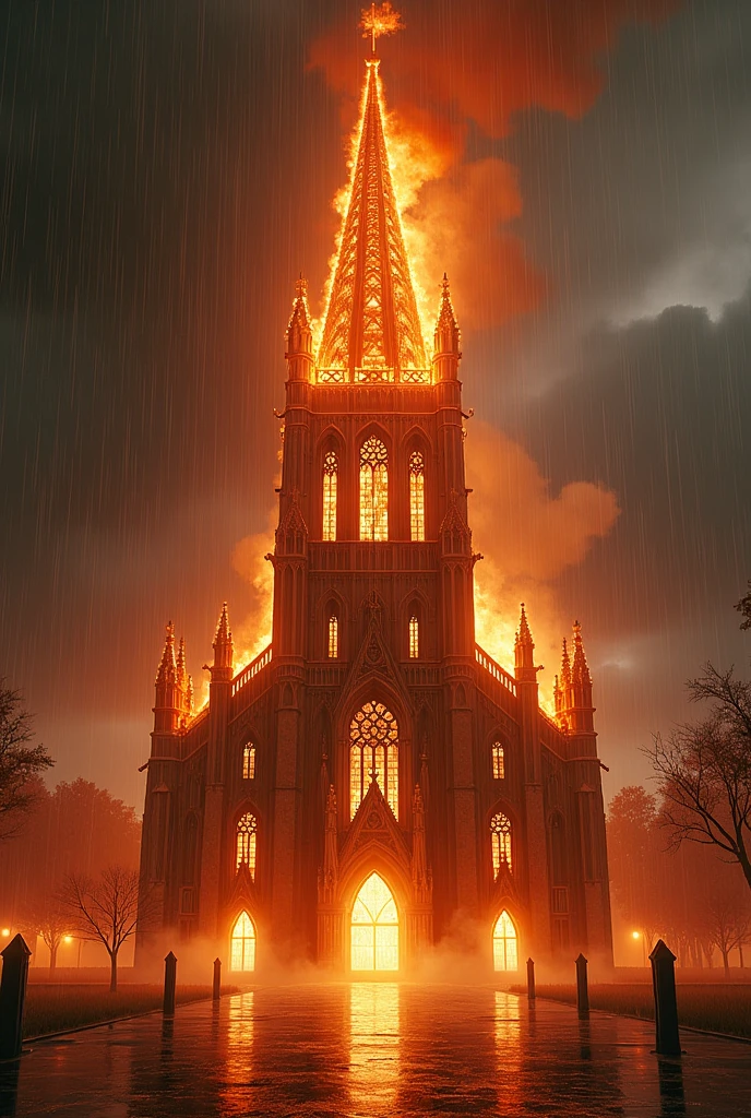 Church in fire. Raining