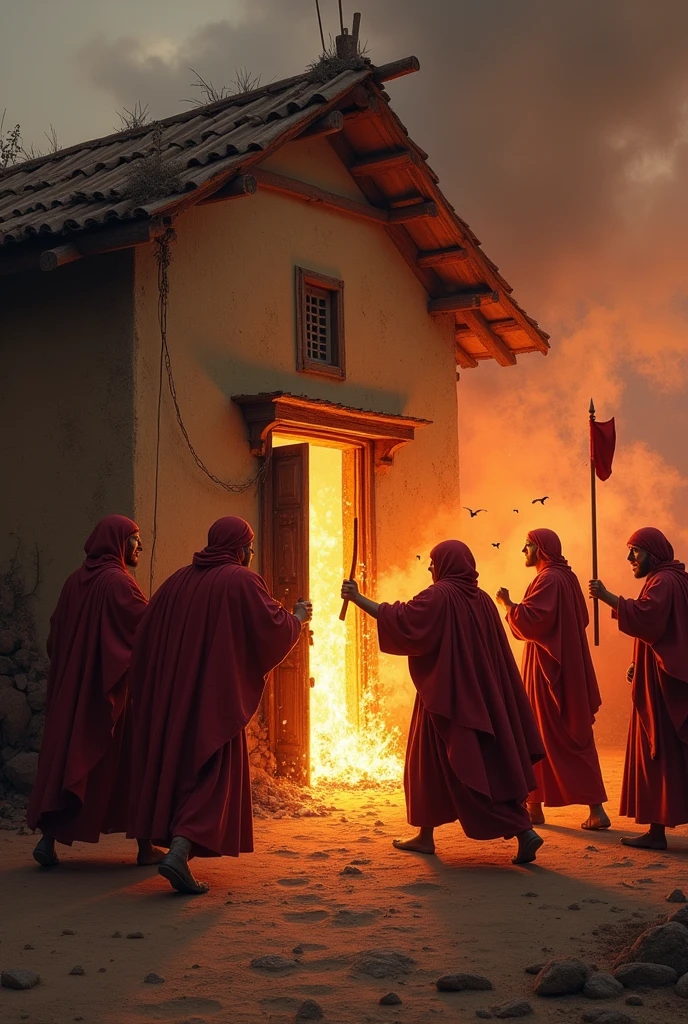 The fourth time, Umar went with a group to Fatima’s house, broke the door. Umar also set fire to the house. Arabia year 600 AD.Chr. Umar uses Hewalt when entering the door.

Umar looks ugly and like a tyrant. He and his men set fire to the little house and kicked the door. They wear red clothes, are evil and hateful, they all run into the house and look like beasts 