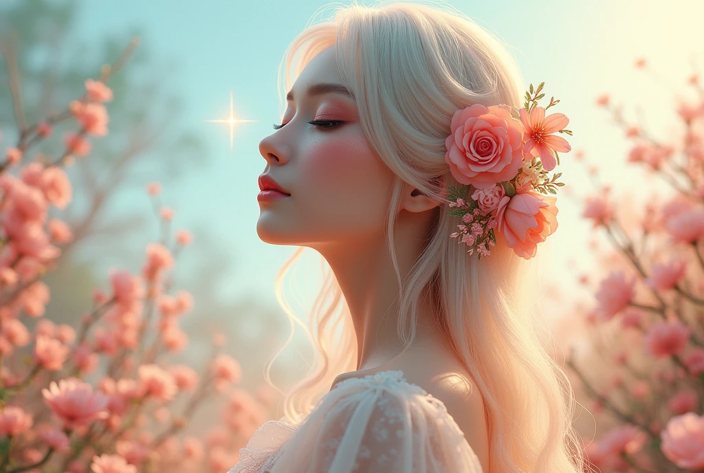 (Highest quality、8k,CG)Upper body details、Beautiful profile details、Floral forest background、Elegant long girly hair、Light-colored hair、big almond-shaped eyes、Detailed eye makeup、Twinkling Star、Gorgeous floral hair ornament、woman、Closed eyes, Sparkle Effect,