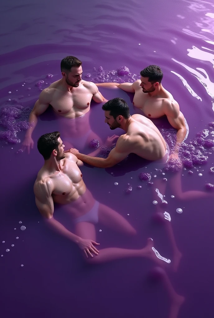 Four muscular men wearing only underwear completely submerged in purple goo