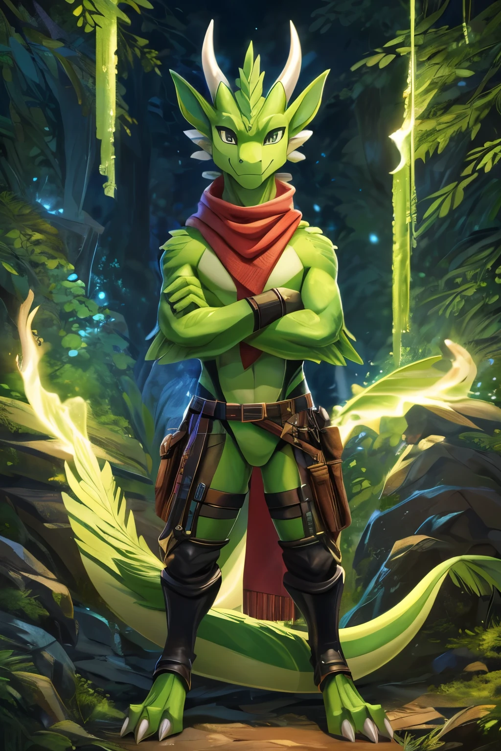 (anime), (front facing), ((looking at the viewer)),(slight smile), slim furry green and lime dragon using old magic, detailed eyes, highres, ((crossed arms)), green main body color, smooth skin, long muzzle, neck and tail fur, digitigrade, horns, feathers, gradients, (wearing only a scarf and thigh belts), nature background, full body