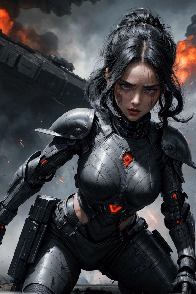 Gorgeous woman with black hair wearingg futuristic leather outfit with black and white battle armour, posing with a futuristic assault weapon, close-up action shot, cyber bodice, crying, sweating, damp hair, on a bloody battlefield with dead bodies, explosion, fires, ruined cityscape, large firey explosion in the background. 4k masterpiece
