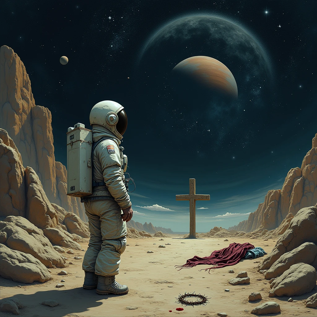 an astronaut , A rocky road, a cross at the end of the road ,a crown of thorns on the floor , a garment thrown on the ground , a small blood mark, in outer space, planets , galaxies , constellations , stars