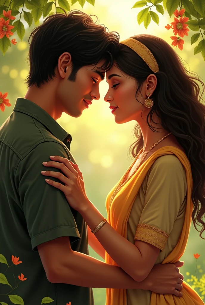 Mutual Feelings:
"In the same garden, a close-up of Priya gently holding Aniket’s hand. Both have tender expressions, filled with warmth and affection. The background fades slightly, emphasizing the intimacy of the moment as they both realize their mutual love for each other."