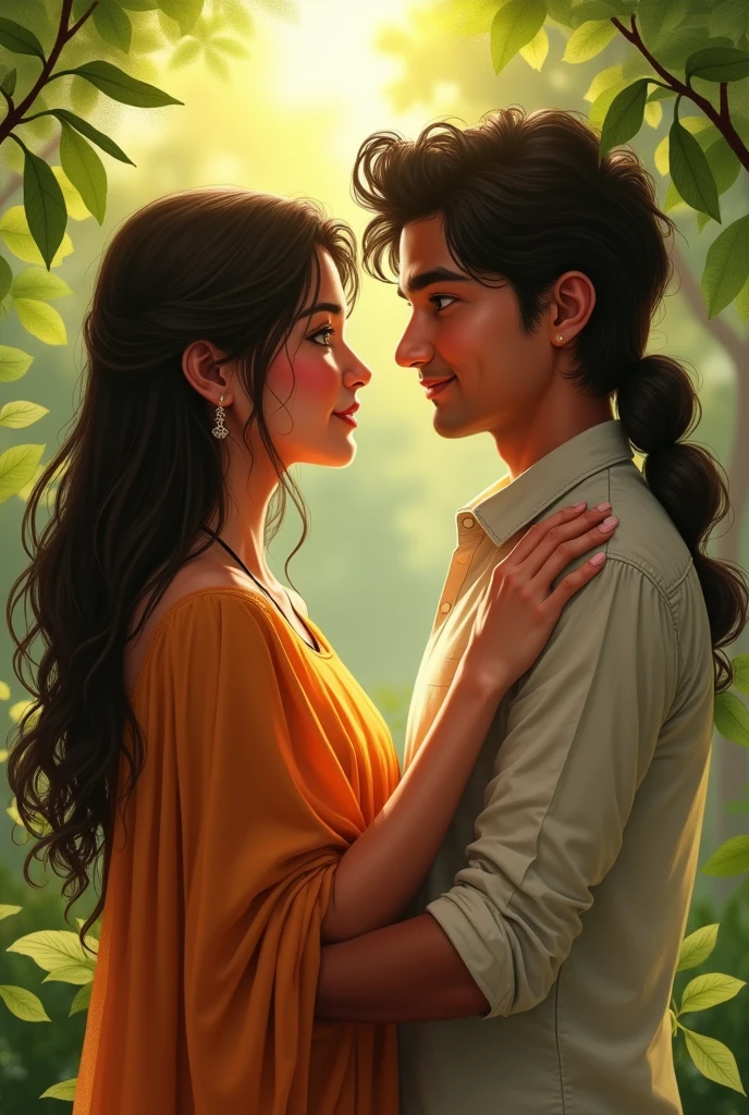 Mutual Feelings:
"In the same garden, a close-up of Priya gently holding Aniket’s hand. Both have tender expressions, filled with warmth and affection. The background fades slightly, emphasizing the intimacy of the moment as they both realize their mutual love for each other."