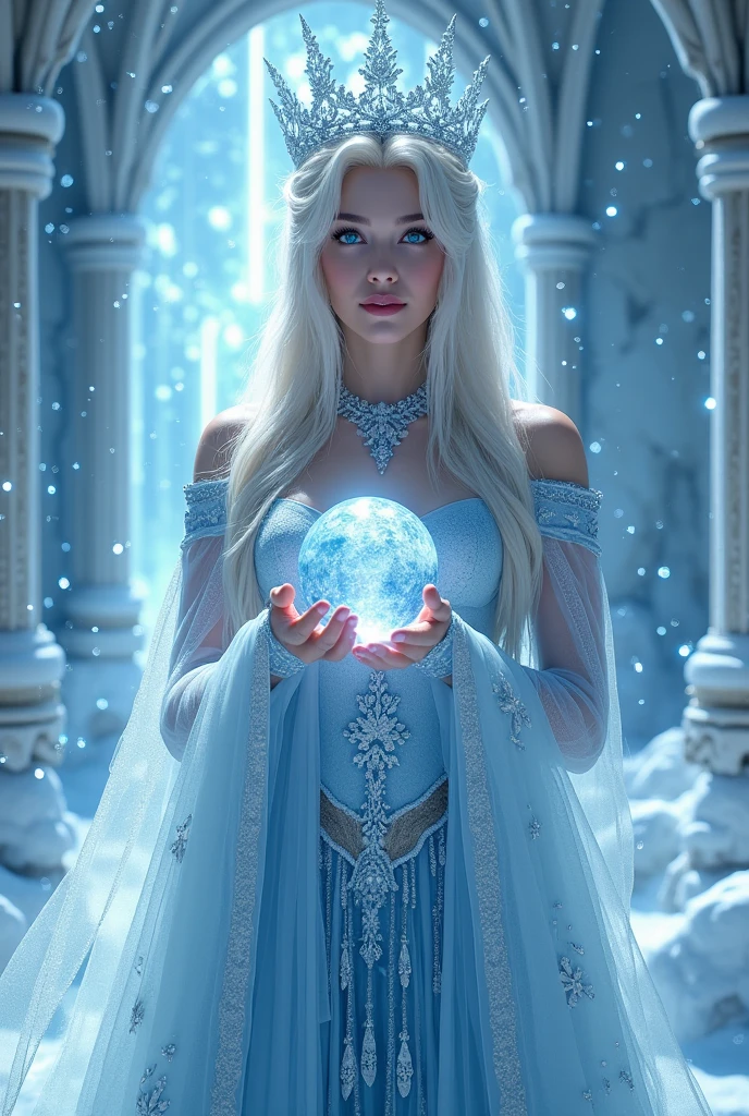 Full body photo of the Ice Queen, kingdom, sun, High resolution, detailed, Complex, Cinematic, amazing, dramatic, Fantasy, Magic, Mysterious, winter, frozen, Icicle, the snow's, Marbled, Crystal Clear, ultra detailed, Realistic, 8k, masterpiece, Concept Art, Portraiture, beautiful detailed eyes, beautiful detailed lips, extremely detailed face and features, Long eyelashes, Flowing Hair, Elegant Dresses, Holding a crystal ball in both hands, Hall々A pose, Upper Body, dramatic lighting, Shining Aura, Cool color palette, Blue and white tones, Sparkling ice crystals, Splendid architecture, Snow Scene