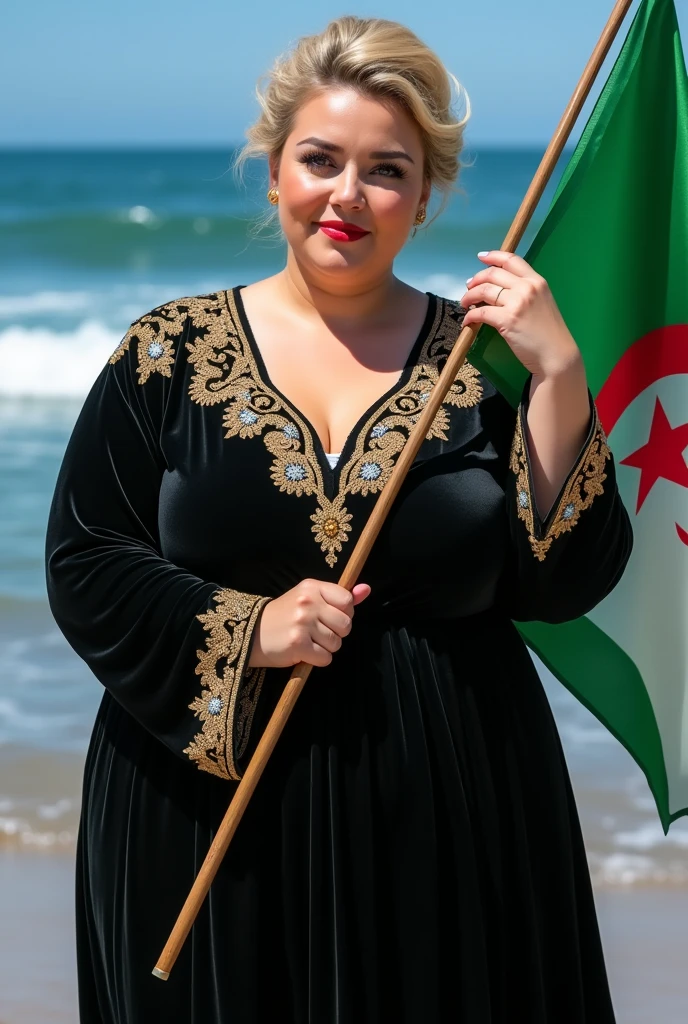 Close up, woman, blonde, plump, wearing a black velvet jacket caftan with gold embroidered details on the shoulders and cuffs, arabesque, embroidered, holding the Algerian flag in her hand, white and green, looking directly at the camera, she is standing on the blue seashore