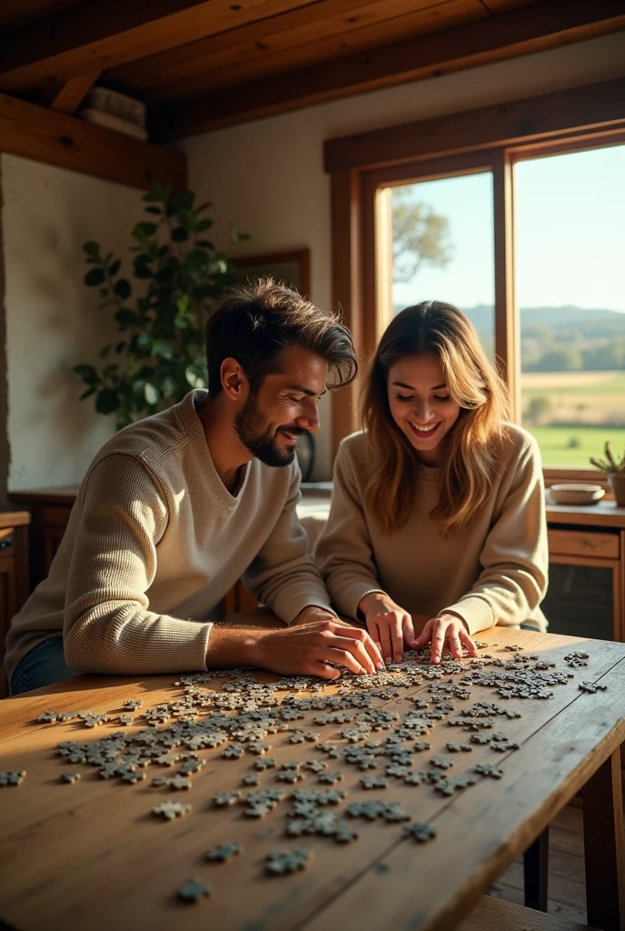 Couple putting together a 1000 piece jigsaw puzzle on a rustic table, in a house on the farm. The couple is euphoric.