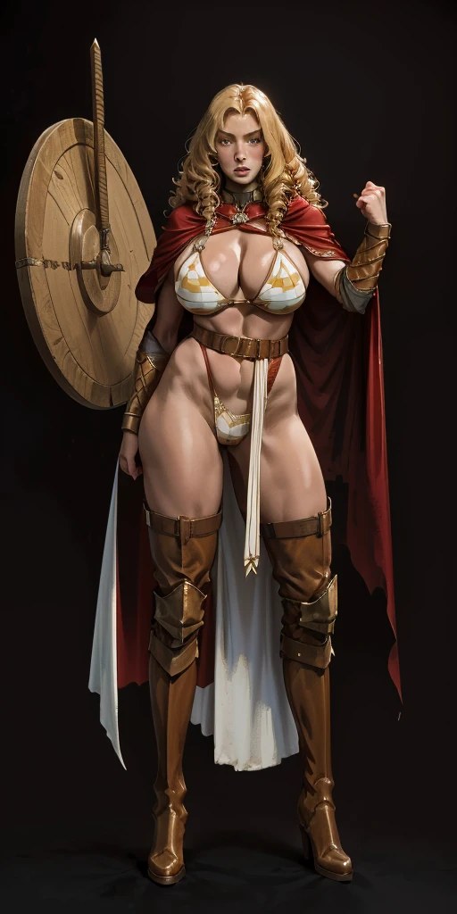 (masterpiece, best quality) (black background) full body standind straight symmetrical, FEMALE warrior princess Mercedez Von Martritz, twin big belt around waist, long curly blonde hair, very white skin, female wearing full body bikini armor with red cape, brown leather boots, adventurer outfit, veteran warrior milf bimbo