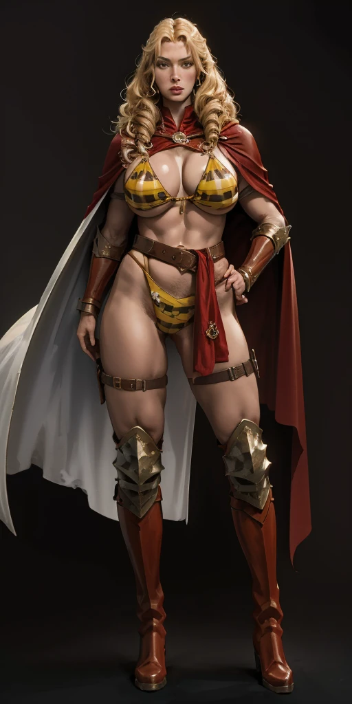 (masterpiece, best quality) (black background) full body standind straight symmetrical, FEMALE warrior princess Mercedez Von Martritz, twin big belt around waist, long curly blonde hair, very white skin, female wearing full body  armor with red cape, brown leather boots, adventurer outfit, veteran warrior milf bimbo