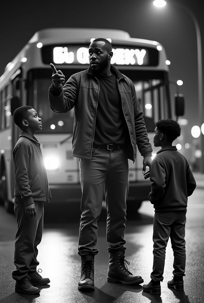 A black man poiting at a bus with two boys