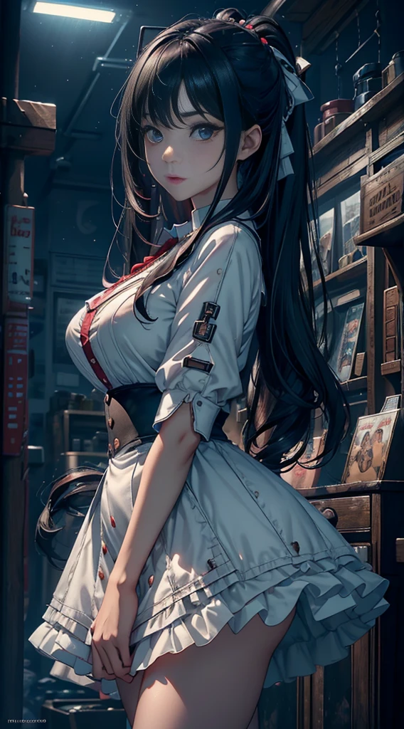 1 sister, black hair color hair, whiteskirt, under bust shirt,a skirt, perfect eyes, perfect hand, Ultra-high resolution,twilight,Cloud, Movie Angle, profesional lighting, Best quality at best, tmasterpiece, Side seams, Sharp, Perfect focus,corner store,dream-like_A WORLD,(Elaborate Eyes:1.3),realistically,(3D Face:1.1),(Glow skin:1.5),(Ultra high resolution complex facial details skin pores:1.3),Ultra-high resolution fabric texture,8k eye details,8K primary school students,