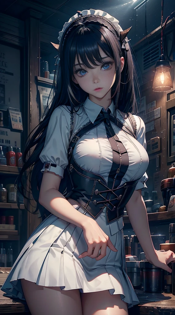 1 sister, black hair color hair, whiteskirt, under bust shirt,a skirt, perfect eyes, perfect hand, Ultra-high resolution,twilight,Cloud, Movie Angle, profesional lighting, Best quality at best, tmasterpiece, Side seams, Sharp, Perfect focus,corner store,dream-like_A WORLD,(Elaborate Eyes:1.3),realistically,(3D Face:1.1),(Glow skin:1.5),(Ultra high resolution complex facial details skin pores:1.3),Ultra-high resolution fabric texture,8k eye details,8K primary school students,