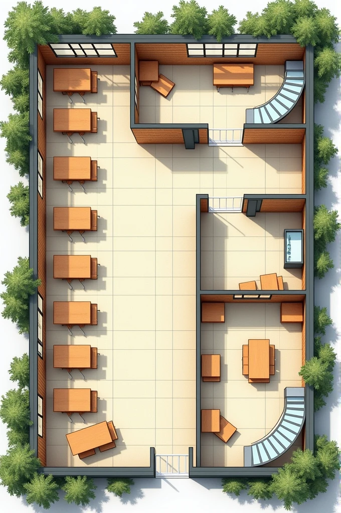 a floor plan of a typical Brazilian school, the school has a courtyard, five classrooms with tables and chairs, a canteen, and stairs