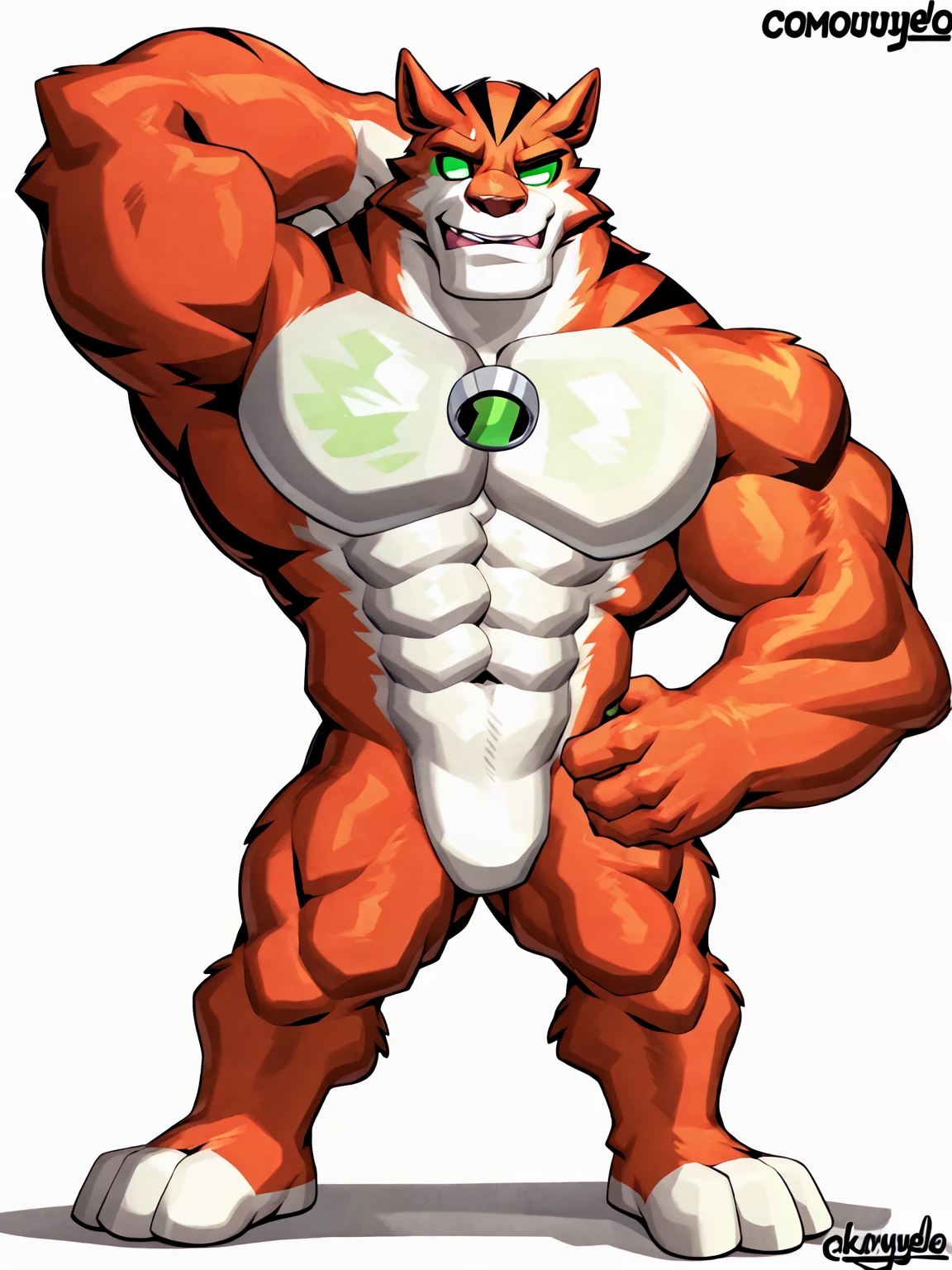 score_9, score_8_up, score_7_up, score_6_up, score_5_up, score_4_up,best quality,1boy,solo,muscular male,hi res,8k hd,looking at viewer,arms_raised,(by cartoon-network,by kamyuelo:1.5),masterpiece,best quality,(rath_(ben_10),orange skins):0.9,solo,hi res,8k hd,((nudiest:1.7)),(((green eyes,no pupils:1.7))),full body shot,((show legs&feet)),white background,(((rugged body,wide_chest,wide_abs,wide_legs,wide_feet,big muscular,better eyes,better pupils))),standing,confident dramatic muscle-man posing,one-arm raising,(one-eye closed,wink)