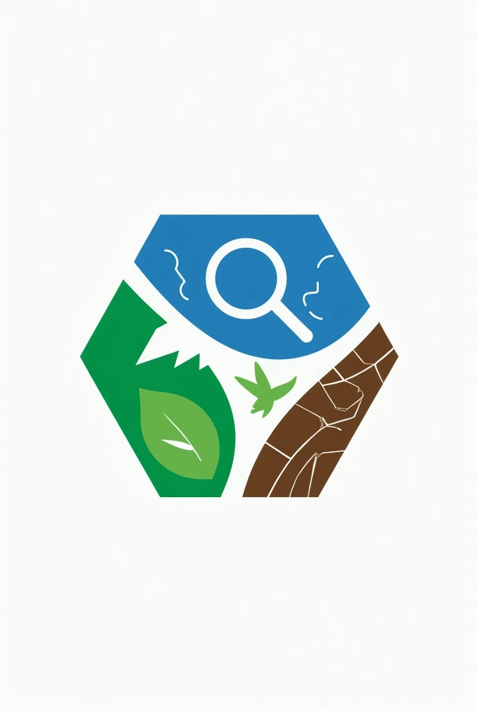 Create a Simple Hexagon Logo Divided into 3 Sections, a first section in green with a magnifying glass and a leaf, a second blue section with a bat silhouette and echolocation and a third brown section containing lines of technology and neural networks 