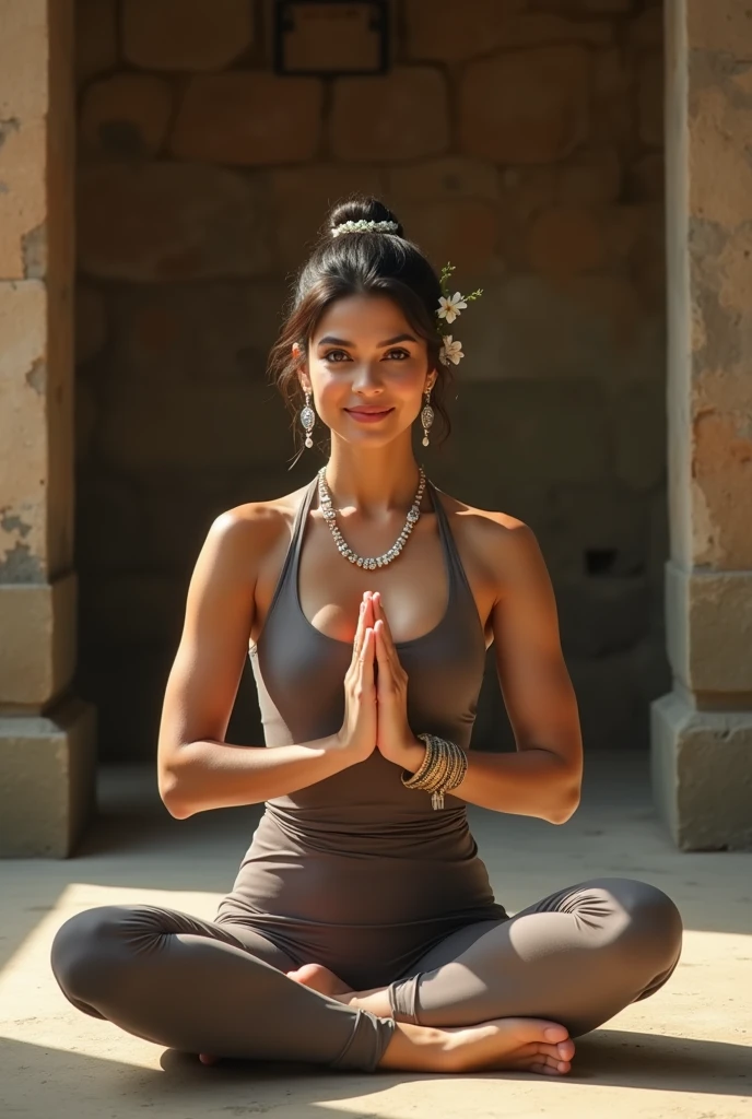 Create an image of Priyanka Chopra wearing a yoga outfit, sitting cross-legged gracefully with a peaceful smile, hands in a respectful greeting Buddha praying pose,front view, and she is accessorized with traditional Lao jewelry, including a beautiful hairpin with delicate flowers. The background is an ancient temple with weathered stone walls, showing the timeless beauty of the setting. The overall mood is serene, with warm lighting highlighting the elegance of the scene