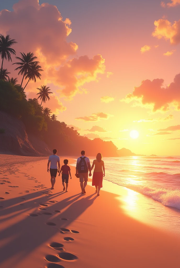 people walking at sunset on the beach