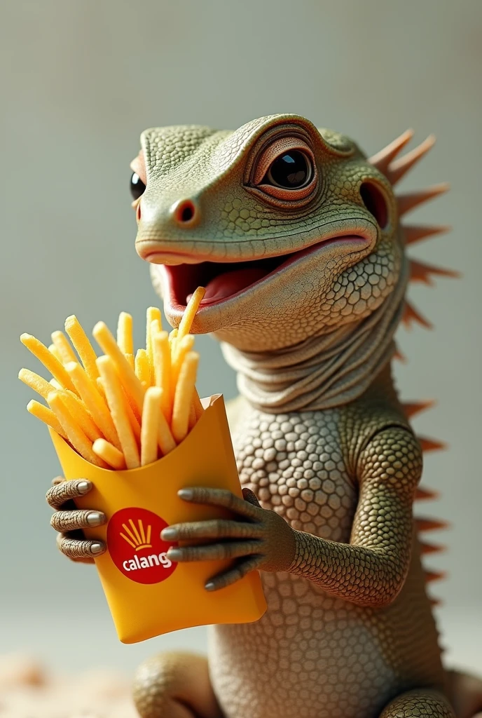 A realistic lizard eating French fries holding a packet with the words CALANGO&#39;S written on it 

