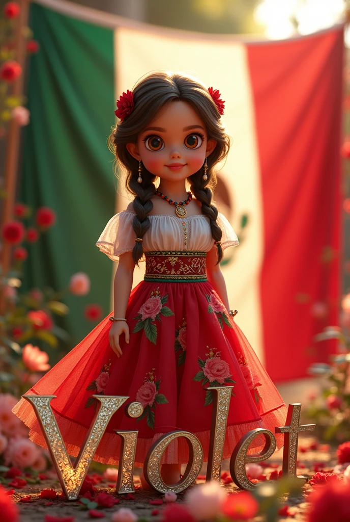 Una fascinante ilustración en 3D de estilo anime de una cautivadora muñeca llamada violet. violet está vestida con un rojo exquisito, white, and a green chiffon dress. The dress is adorned with intricate floral designs., evoking the essence of traditional Mexican clothing. Patricia's brown hair is styled with braids and beads of the same colors., framing her radiant smile and captivating brown eyes. She stands gracefully to the right of the Mexican flag, surrounded by iconic Mexican decorations that celebrate the rich culture. The illuminated letters of your name, "violet," are shown in bold silver-gold letters, with an elegant font. In a magic touch, The doll transforms the flower-covered landscape into an enchanting party, Embodying the vibrant colors and spirit of Mexican celebrations. The cinematic background features a mix of red.