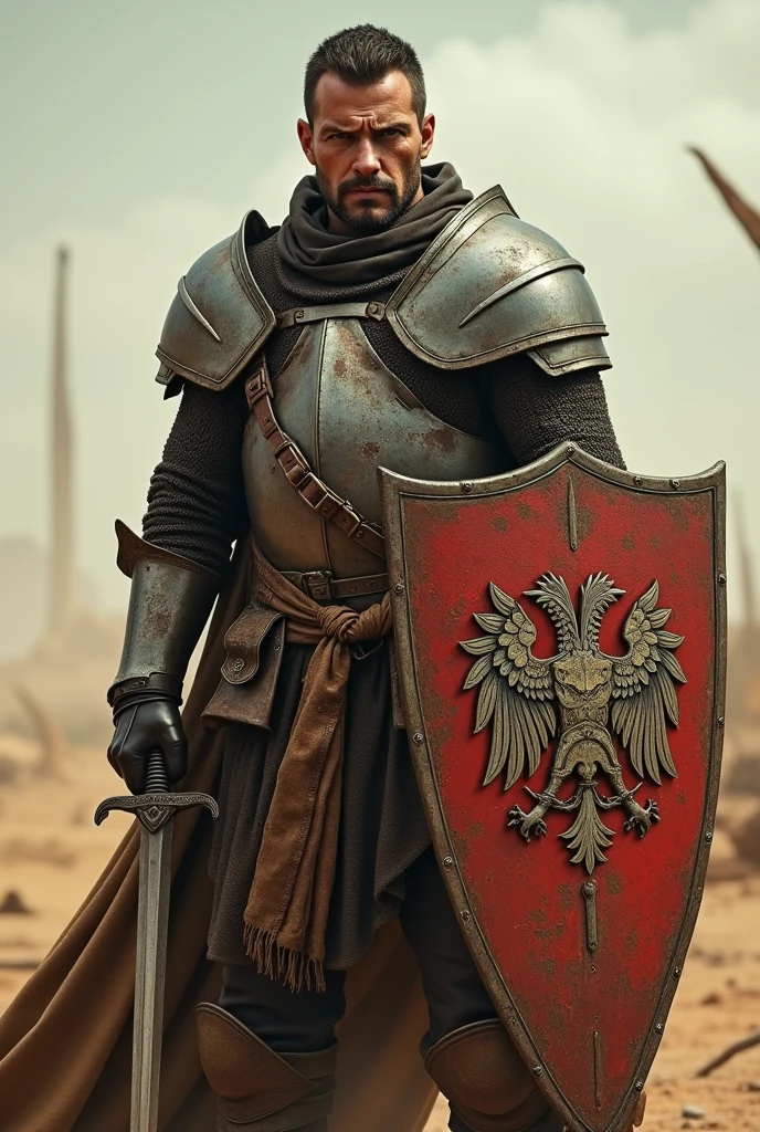 What Max Rockatansky would look like (from the movie mad max) Set in the Middle Ages and dressed in Polish Winged Hussar armor and in action pose (front view)