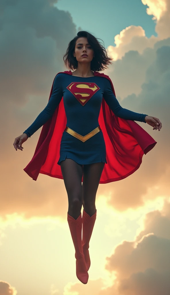 spanish girl, dark hair, very short hair, bob haircut, dark brown eyes, actress sasha calle as supergirl, supergirl costume, very tight suit, ultra realistic professional photo, levitating in the air, sky background