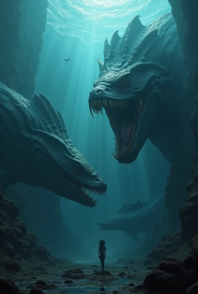 primeval sea, Seabed, depths , photographic hyperrealism, real light, raytracing, perfect creatures, leviathan, monstrous, prehistory 